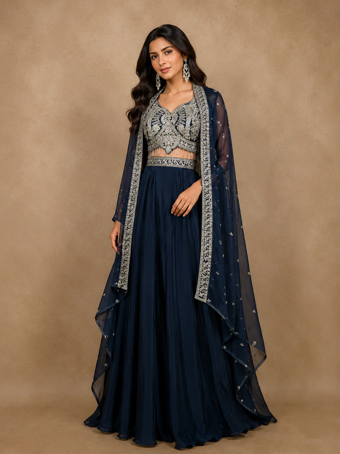 Navy Blue Sequins Design Organza Skirt Top with Dupatta